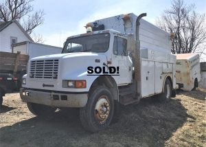 International 4700 Service Truck. 2005 T444E 4x2 with a 170" wheel base. The truck has an automatic transmission and 18'251 miles. The truck has a Honda EG 3500 generator and a Boss air compressor model 8060-UBI with 776 hours. It has air break's, service air and air to the rear for towing. It has heat, AC and cruise control.
