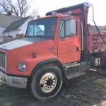 Freightliner FL80 Dump Truck. Single axle dump truck with a 8.3 liter Cummins engine. It has a six speed Eaton Fuller manual transmission and locking rear ends. It has air breaks and service air to the rear end for towing. Cruse control with a 150" wheel base and a GVWR of 37'000 lbs.